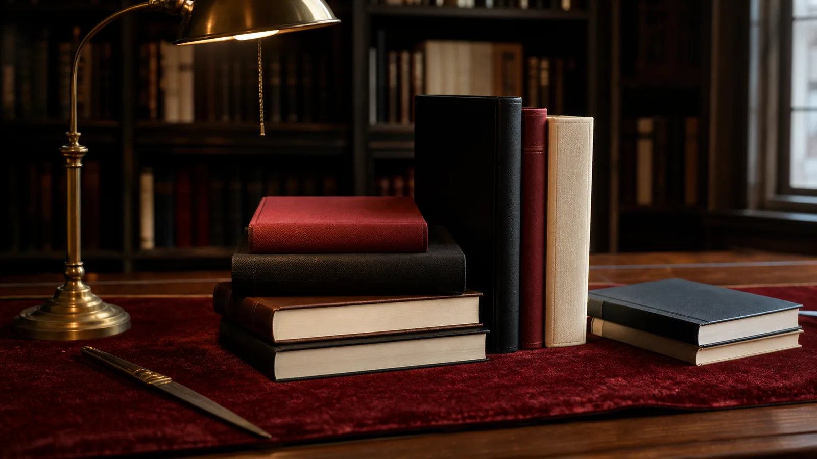 Libri rilegati su un tavolo di velluto rosso