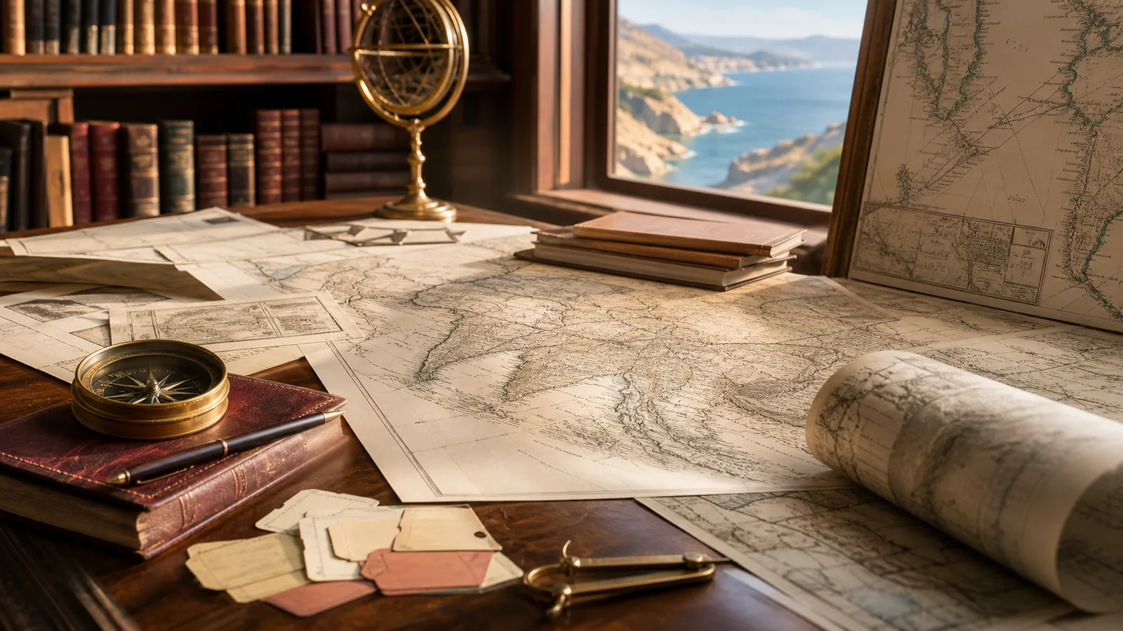 Carte geografiche e bussola davanti a una costa luminosa