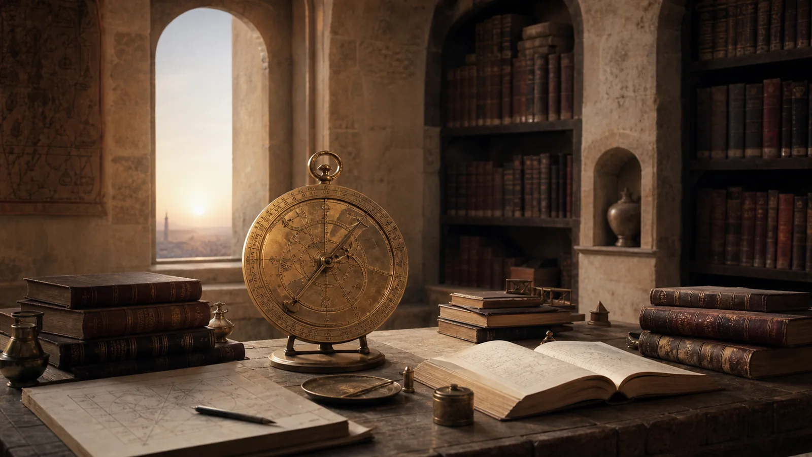 Tavolo di studio con libri e astrolabio al sorgere del sole