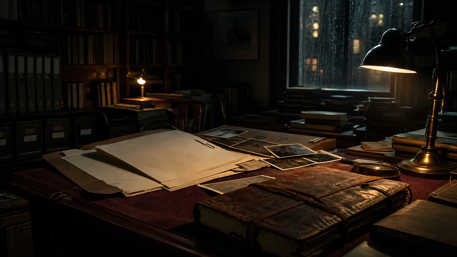 Archivio notturno con fascicoli e fotografie sotto la pioggia